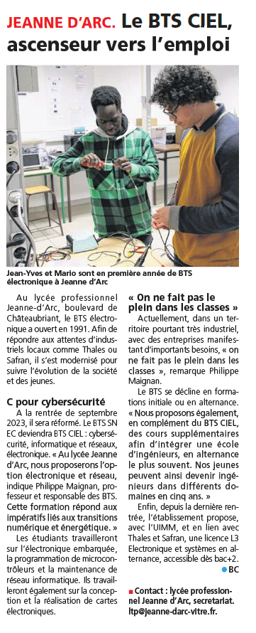 Article le Journal de Vitré du 17-02-23 - Le BTS Ciel ascenseur vers l'emploi