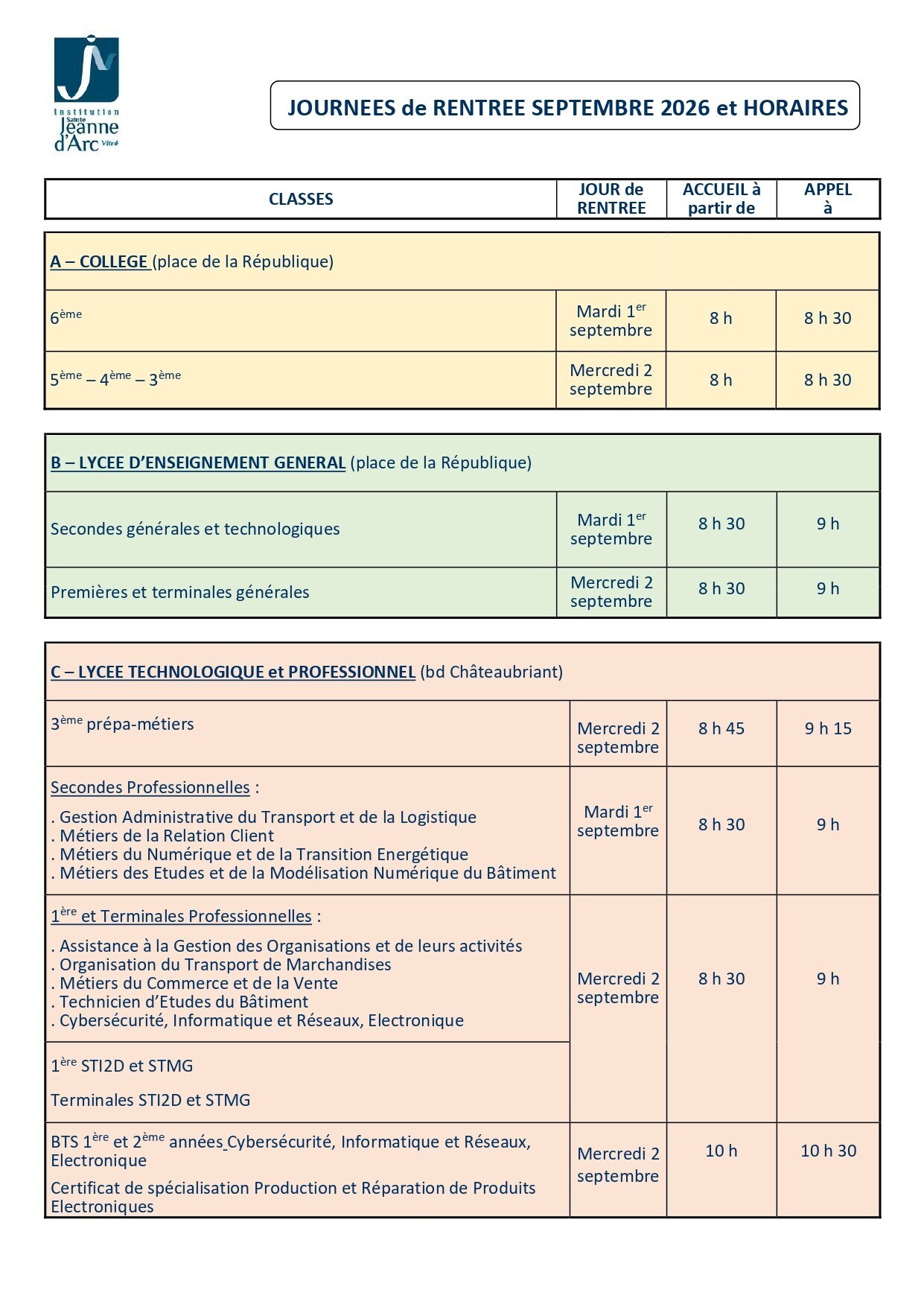 JOURNEE DE RENTREE SEPTEMBRE 2026 ET HORAIRES