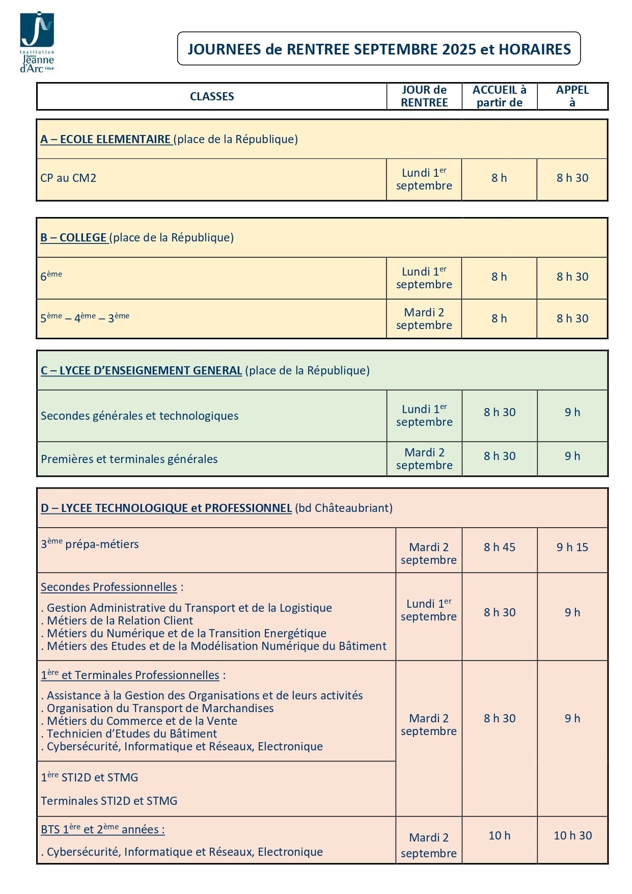 PLANNING RENTREE ET HORAIRES 2025
